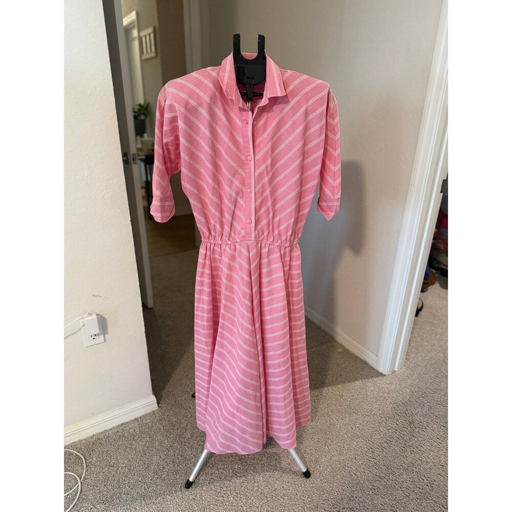 Vintage The American Shirt Dress Pink & White Striped 3/4 Sleeve Dress 11/12